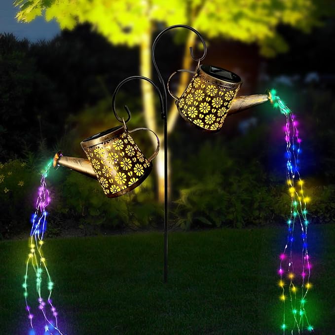 WITOROR Solar Watering Can Lights Outdoor, IP65 Waterproof Garden Decor Solar Garden Light 8 Multi-Color Changing Modes One Pole Two Lights Outdoor Decorations for Yard, Lawn, Patio