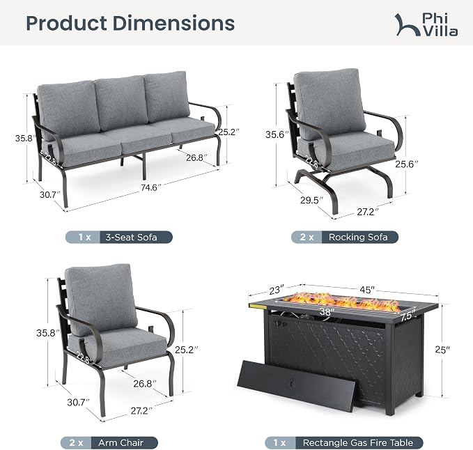 PHI VILLA Patio Furniture Set, 3-Seater Sofa, 2 Fixed Chairs, 2 Rocking Chairs and a 45" Fire Pit Table, Outdoor Metal Conversation Set with 5.75" Extra Thick Cushion for Garden Backyard Deck, Grey