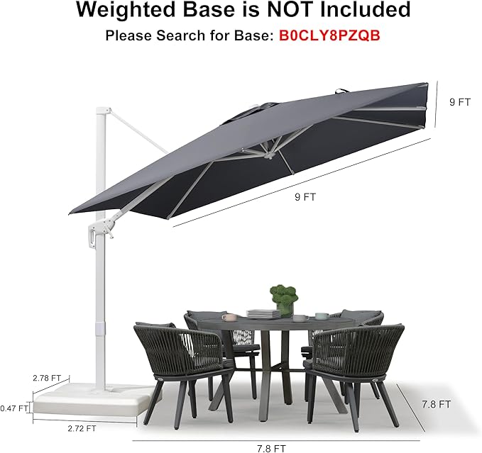 PURPLE LEAF 9 FT Patio Umbrella White Cantilever Umbrella Aluminum Square Outdoor Offset Umbrella Hanging Windproof with 360° Rotation for Garden Deck Pool, Light Grey