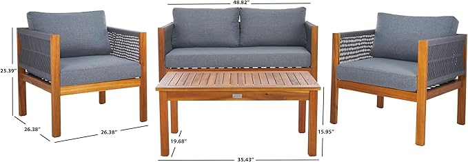 SAFAVIEH Outdoor Collection Wilson Brown Acacia Wood/Grey Cushion & Rope 4-Piece Conversation Patio Set