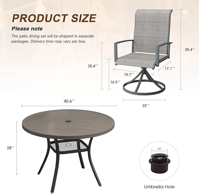 VICLLAX 5 Pieces Outdoor Dining Set, Patio Furniture Set Includes 40.6" Round Metal Table W/ 1.9" Umbrella Hole and 4 Padded Textilene Swivel Chairs for Porch, Lawn, Garden, Backyard