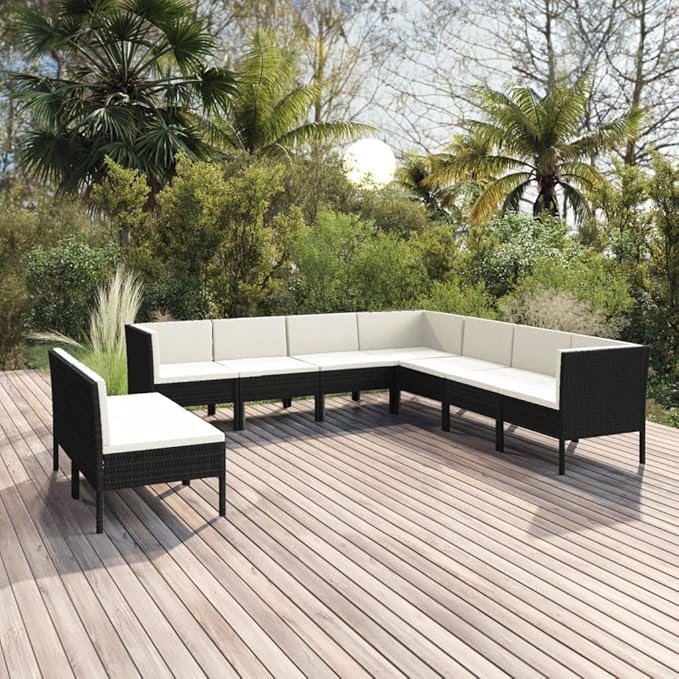 Patio Lounge Set with Cushions,Patio Furniture Sets,Patio Conversation Sets,Outdoor Furniture Sets,for Garden,Backyard,Outdoor,9 Piece Poly Rattan Black
