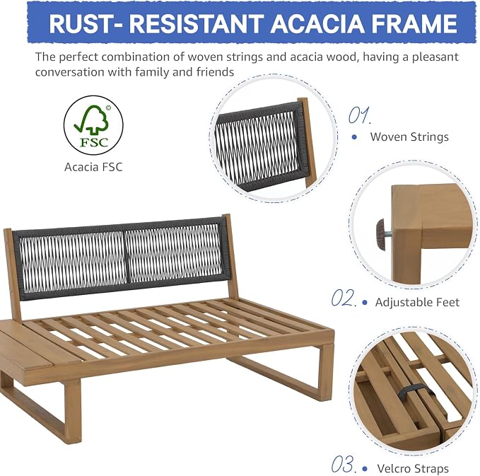 SUNSITT 4 Piece Acacia Wood Patio Furniture with Waterproof Cover, L-Shaped Outdoor Sectional Sofa Set with Coffee Table, FSC Certified Conversation Set with Built-in Side Table & Cream White Cushions