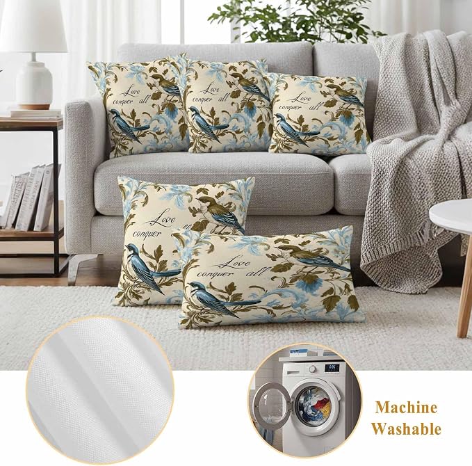 Vintage Bird Flower Outdoor Waterproof Throw Pillow Covers Set of 2, 20"x12", Watercolor Green Blue Floral Decorative Pillow Covers Outside Cushion Case for Patio Porch Garden