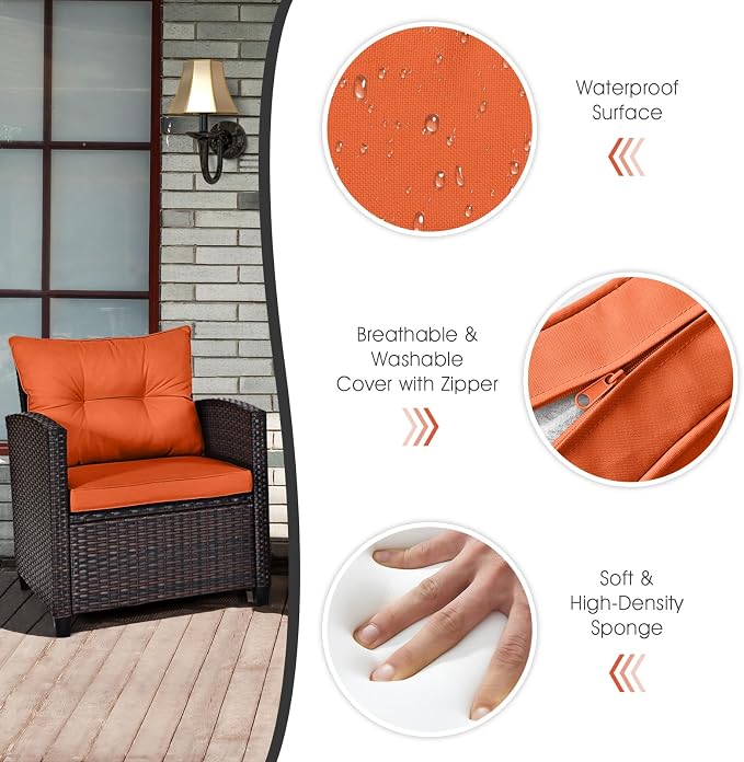 3-Pieces Patio Furniture Set, PE Wicker Chairs Sofa Set with Removable Cushions & Glass Top Side Table, Outdoor Wicker Rattan Conversation Chair for Porch,Backyard, Balcony (Orange)
