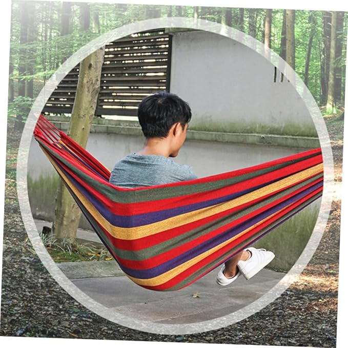Happyyami Camping Hammock Canvas Hammock Outdoor Hanging Chair 190x85cm Portable Striped Swing for Garden Patio and Travel Use