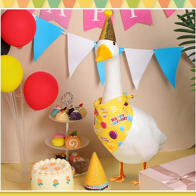 Happy Birthday Goose Outfit with Glitter Hat and Bandana,Yellow | for 23" 17" Cement Plastic Porch Goose, Outdoor Statue Patio Yard Lawn Art