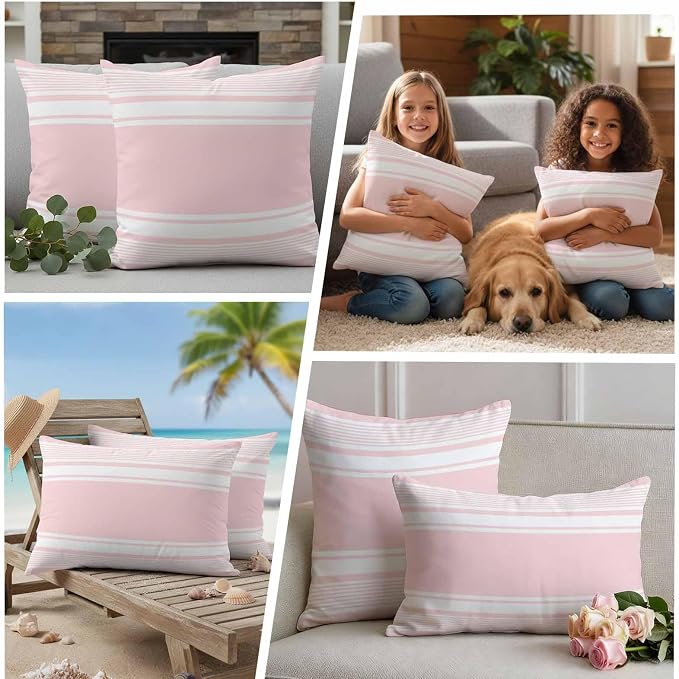 Outdoor Waterproof Throw Pillow Covers, Pink Striped Decorative Pillow Cases, Modern Color Block Farmhouse Stripes Couch Pillow Protector Patio Sofa Cushion Covers Replacement 26"x26" 2 Pack
