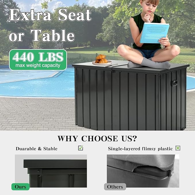 CHUNLY 200 Gallon Deck Box with Lockable Lid, Outdoor Patio Storage Box w/Mobility Rollers, All-weather Storage Bench Bin for Outside Cushions, Pool Supplies and Garden Tools (Dark Gray)