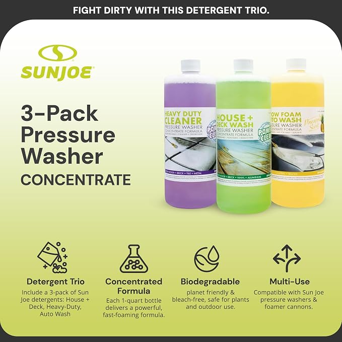 Sun Joe 3-Pack Pressure Washer Concentrate, Multi-Scent, 1 Gal Each – House & Deck Wash, Snow Foam Auto Wash, All-Purpose Cleaner – For Home, Garage, Driveway, Outdoor, SPX-ASST3Q
