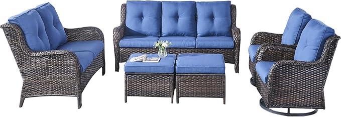 Rilyson Wicker Patio Furniture Set - 6 PC Rattan Outdoor Sectional Conversation Sets with 2 Rocking Swivel Chairs,2 Ottomans,1 Sofa and 1 Loveseat for Porch Deck Garden(Brown/Blue)
