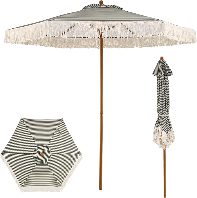 HAPPYGRILL 7 FT Patio Umbrella with Fringe, Outdoor Tassel Umbrella w/Sun-Protective Polyester Canopy, Wood-like Aluminum Pole, Air Vent, Boho Market Table Umbrella for Beach Backyard Poolside