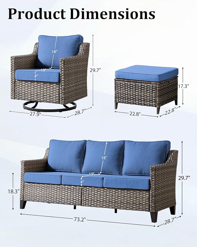 Outdoor Furniture Set of 5, Patio Chairs with Luxury 4" Cushion, Wicker Swivel Rocker Patio Chairs, and Side Table, High Back&Deep Seat for Garden Deck Porch Balcony Backyard - Blue