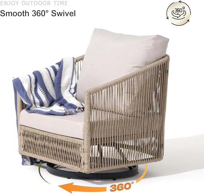 SUNSITT 3-Piece Patio Furniture Set, Outdoor Swivel Chairs with Wood Top Coffee Table, Modern Open Weave Wicker Patio Set for Balcony, Porch, Backyard, Deck, Natural Color