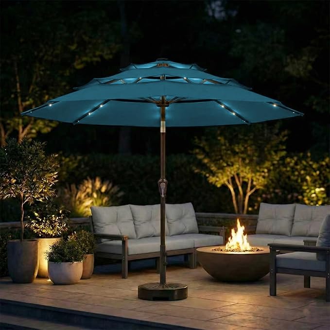 10ft 3-Tier Patio Umbrella with 32 Solar Powered LED Lights, Windproof Outdoor Market Umbrella for Deck, Poolside & Garden, Sturdy Push-Button Tilt Table Umbrella, Lake Blue