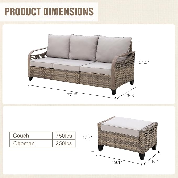 Modern Wicker Patio Furniture Set, Rattan Outdoor Conversation Set with Comfortable Cushions, 3 Seat Couch and 2 Ottomans, 3 Pieces, Brown/Gray