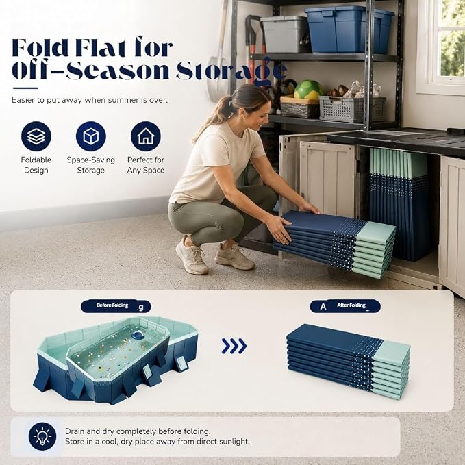 Large Foldable Pool, Non Inflatable Pool with 4-Layer Composite PVC, Sturdy Triangular Support Boards, Double Drains, Foldable Outdoor Pool for Backyard Kids & Adults, 5 Sizes