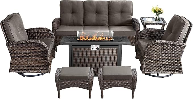 7 Pieces Outdoor Furniture with Fire Pit Deep Seating Wicker Patio Couch with Patio Swivel Chairs Outdoor Furniture Set for Deck Porch Garden Balcony Poolside-Brown/Grey