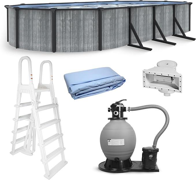 Blue Wave San Pedro 15x30-ft Oval 52-in Deep Hard Sided Steel Wall Above Ground Pool with 6-in Steel Top Seats, Dual-Speed Sand Filter System, Ladder, Skimmer & Liner – 9,900 Gallon Cap for Family Use
