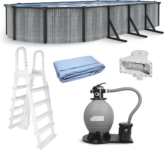 Blue Wave San Pedro 15x30-ft Oval 52-in Deep Hard Sided Steel Wall Above Ground Pool with 6-in Steel Top Seats, Dual-Speed Sand Filter System, Ladder, Skimmer & Liner – 9,900 Gallon Cap for Family Use