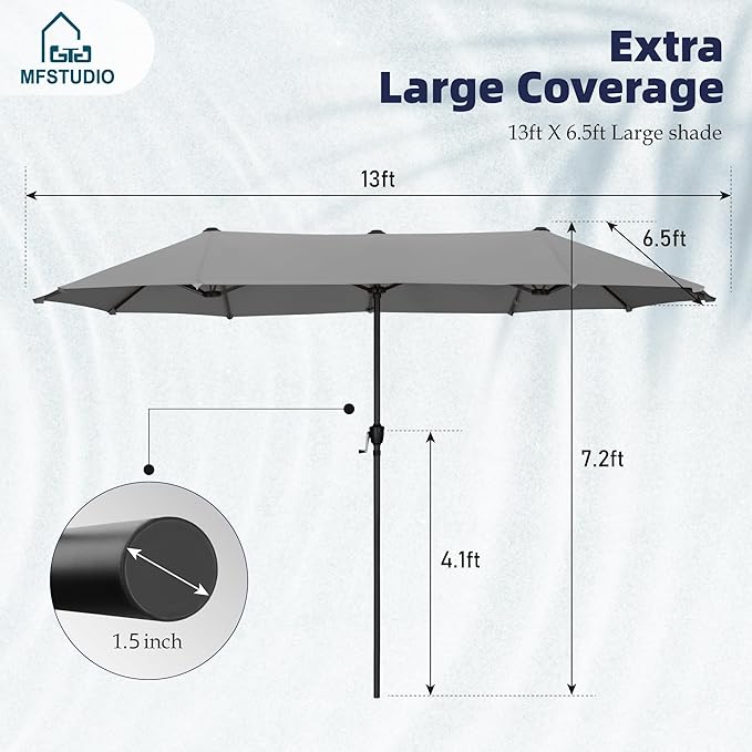 MFSTUDIO 13ft Outdoor Patio Umbrella, Double Sided Large Rectangular Umbrella Market Table Twin Triple Rectangle Umbrellas with Crank Handle for Outside Picnic Backyard Deck Pool (no base)