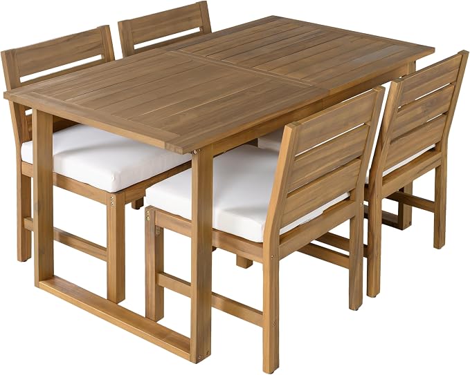 Merax 5-Piece Patio Dining Set for 4, Acacia Wood Farmhouse Outdoor Furniture Set with Removable Cushions & Adjustable Feet, Rustic Garden Dining Set for Backyard, Poolside, Beige + Natural