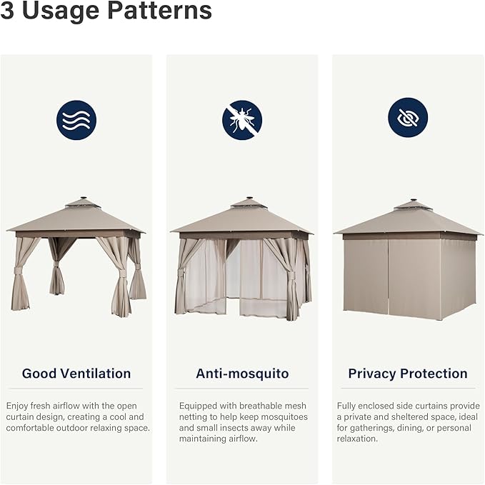 LAUSAINT HOME Patio Gazebo 10'x10' with Solar LED Roof Lights, Outdoor Heavy Duty Party Tent Shelter with Double Roofs, Mosquito Netting & Privacy Curtains for Backyard, Garden, Lawn, Khaki