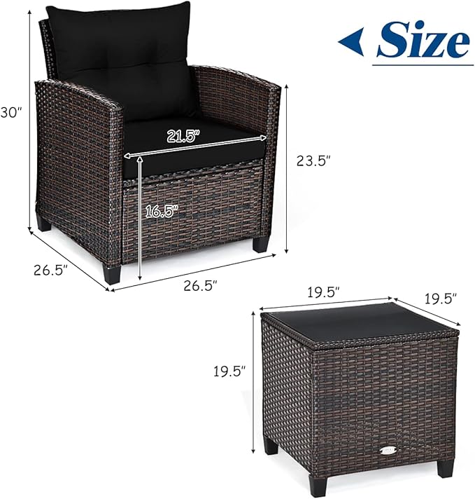 3-Piece Wicker Patio Furniture Set, Outdoor Sofa Set with Water-Resistant Cushion & Tempered Glass Table, Black