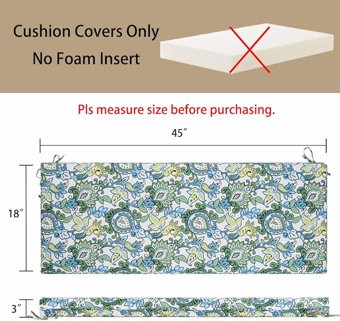 Magpie Fabrics Patio Bench Cushion Cover 45x18x3 Inch, NO Insert! Water Resistant UV Protection Outdoor Swing Loveseat Replacement Cover with Zipper, (Botanical Blue Green)