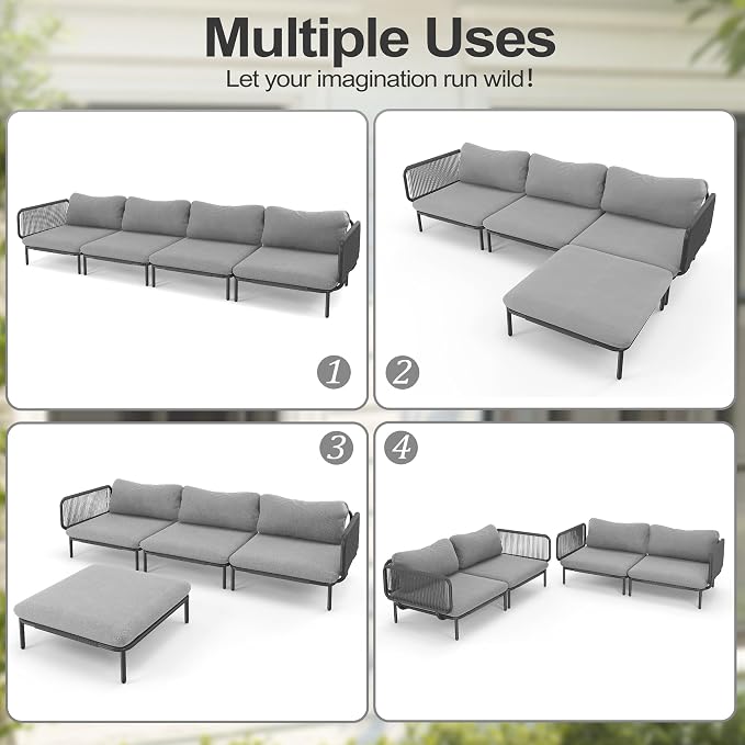 Outdoor Furniture Set, Patio Furniture Oversized Metal Patio Sectional Sofa, 4-Seat Conversation Set with Cushion for Indoor and Outdoor, Black Frame & Dark Grey Mat (4 Seats 8 Armrests)