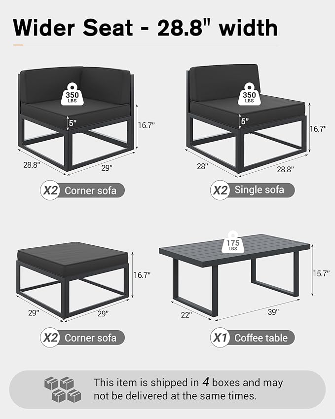 UDPATIO Aluminum Patio Furniture Set, Modular Oversized Outdoor Sectional of Olefin 5 inch Thick Cushion, Coffee Table and Waterproof Cover, Patio Conversation Sets for Porch, Deck