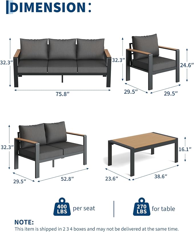 Garvee Aluminum Patio Furniture 1 Pcs 3-Seat Outdoor Furniture, All-Weather Metal Modern Outside Sofa with Washable Thick Cushion for Garden, Balcony, Deck, Backyard, Dark Grey
