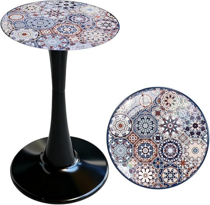 13.4" Outdoor Side Table, Round Patio Bistro Table Printed Tempered Glass Top, Waterproof Rust-Proof Base, Small Plant Stand for Balcony, Garden, Deck, 21.6" H (Bohemia)