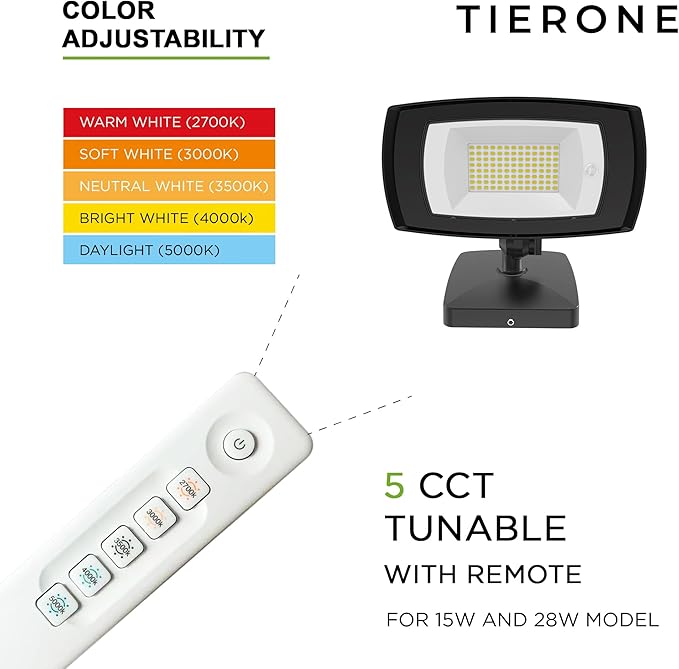TIERONE 28W LED Flood Light with Remote Control 5 CCT tunable Outdoor LED Security Light for Gardens Garage UL Listed Residential Full Cutoff Wall Pack 3200LM IP65 Waterproof Dark Bronze 4 Pack