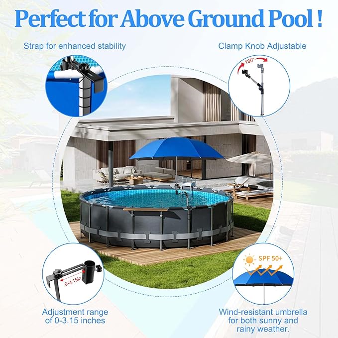 Pool Shade Umbrella, 49.2'' Large Adjustable Above Ground Pool Sunshade Canopy with Clamp 360°Swivel UPF 50+ Portable Weatherproof Patio Umbrella for Swimming Pool Outdoor Garden Beach Chairs