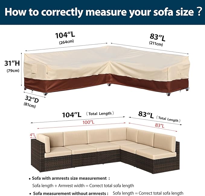Patio Outdoor Sectional Cover-L-Shaped Patio Furniture Covers Waterproof Rip-Stop Anti-UV 600D Heavy Duty Outdoor Couch with 3 Air Vent Sofa Cover,Right 104''L (83''L) 32''D 31''H