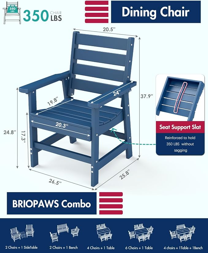 BRIOPAWS Outdoor-Dining-Chairs | Set of 2 | HDPE | Blue | Patio Chair with Arms | Modern | All Weather | Oversized & Comfortable | for Deck Backyard Poolside Porch