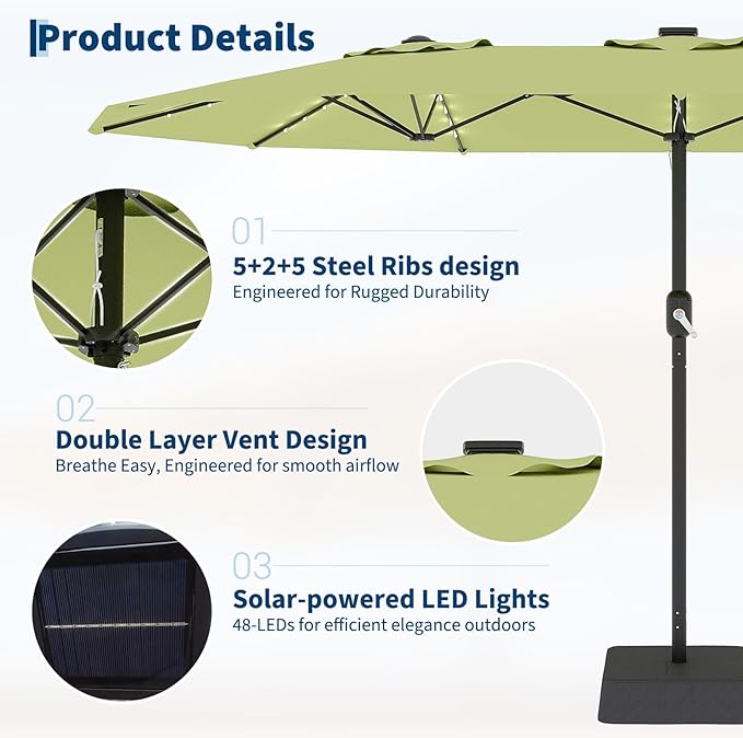 Garvee 15FTt Rectangular Patio Umbrella with Solar Lights & Base Included - Large Patio Umbrella with Crank Handle 48 LED Lights, UV Protection for Outdoor Market, Backyard, Deck, Poolside, Lime Green