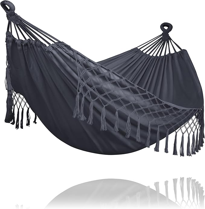 SUNCREAT Hammocks Outdoor Camping Double Hammock with Tassel, Fabric Hammock for Backyard, Dark Gray