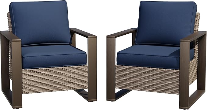 Joyside Outdoor Patio Chairs Set, 2 Pieces Wicker Rattan Chairs with Metal Wide Armrest, Thick Cushions and Deep Seating for Garden, Backyard, Porch, Deck
