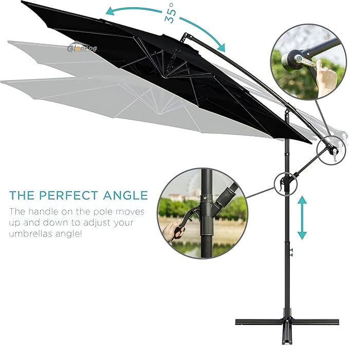 10ft Offset Hanging Market Patio Umbrella w/Cross Base, Outdoor Large Round Aluminum Cantilever Umbrella w/Easy Tilt Adjustment, Fade Resistant Waterproof 8 Ribs Canopy, for Yard, Garden & Dec