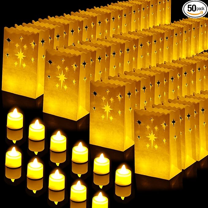 Sabary 50 Sets Luminary Bags with Flameless Tea Lights Outdoor Luminaries LED Lantern Candle Bags for Wedding Birthday Ramadan Christmas Party Decorations Romantic Decor(Firework)