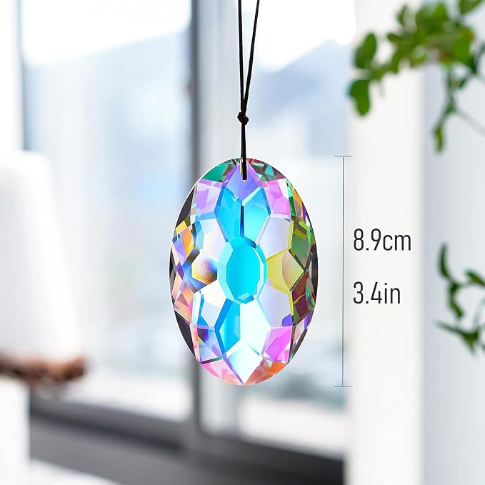 YU FENG 3.5 Inch Oval Crystal Prism Suncatcher, AB Rainbow Maker | AB Coating Faceted Glass Pendant, Colorful Light Catcher, Window Hanging Decor, Rainbow Reflections, Home Garden Ornament