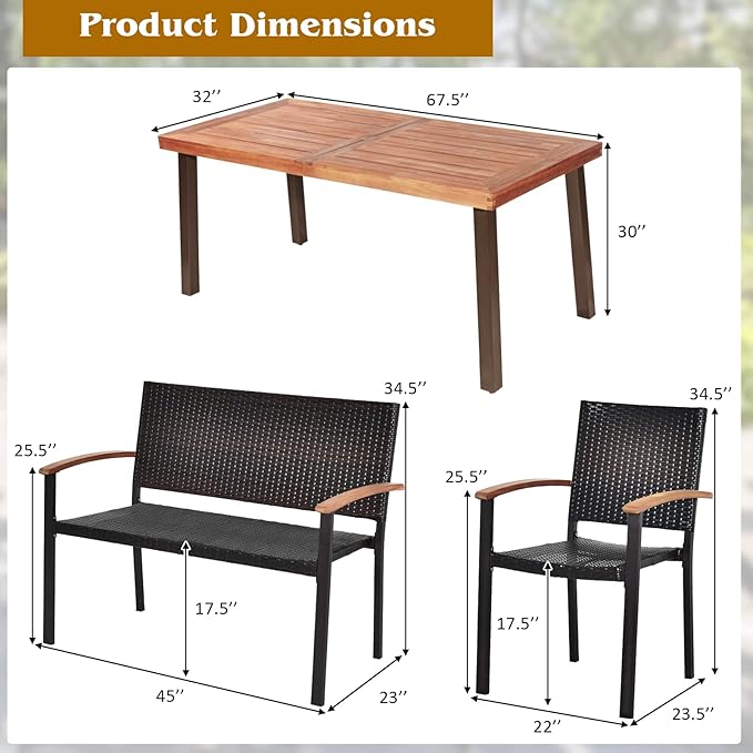 Tangkula 6 Pieces Wicker Patio Dining Set, Patiojoy Outdoor Dining Furniture w/ 1 Acacia Wood Tabletop Dining Table, 4 Stackable Chairs & 1 Rattan Bench, Backyard Garden Steel Frame Conversation Set