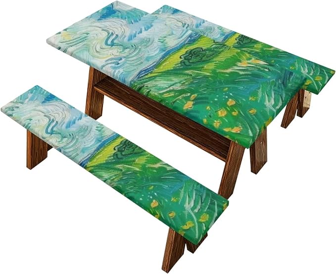 Green Field Picnic Table Cover with Bench Covers Elastic Picnic Table Covers Outdoor Table and Chairs Decorative Sets Camping Essentials Suitable for Summer Outdoor Camping
