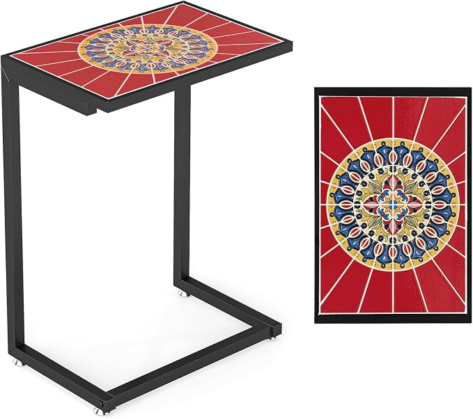 Tangkula C-Shaped Outdoor Side Table, w/Ceramic Top & Anti-Rust Metal Frame, Small Patio End Table for Couch, Sofa & Bed, Outdoor & Indoor Accent Furniture for Living Room, Poolside, Balcony (1, Red)
