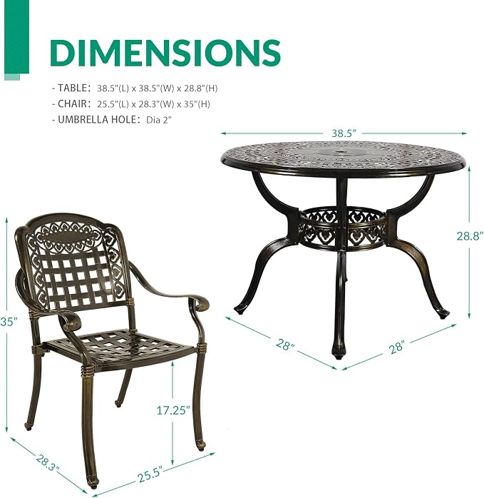 VIVIJASON 5-Piece Outdoor Patio Furniture Dining Set, All-Weather Cast Aluminum Conversation Set, Include 4 Chairs and 38.5" Round Table w/Umbrella Hole for Balcony, Lawn, Garden, Backyard