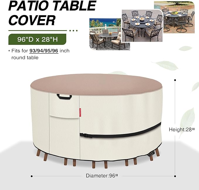 Porch Shield Round Patio Furniture Cover - Waterproof 600D Heavy Duty Outdoor Table and Chairs Cover 96 inch, Light Tan & Khaki