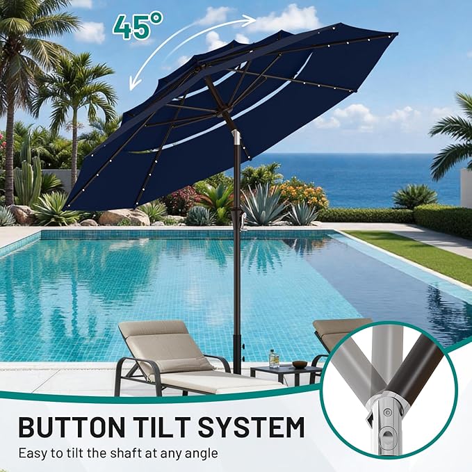 AreShark 9ft 3 Tiers Patio Umbrella with Solar Lights, Outdoor Umbrella w/ 32 LED Lights&8 Sturdy Ribs, Table Umbrella for Deck, Backyard, Pool (Navy)