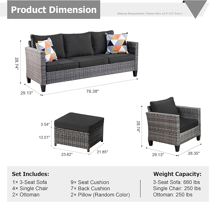HOOOWOOO Wicker Patio Conversation Sets,7 Piece Outdoor Furniture Set with Ottoman,All Weather Resistant Modern Outside Out Door Rattan Couch Chairs Set,Black